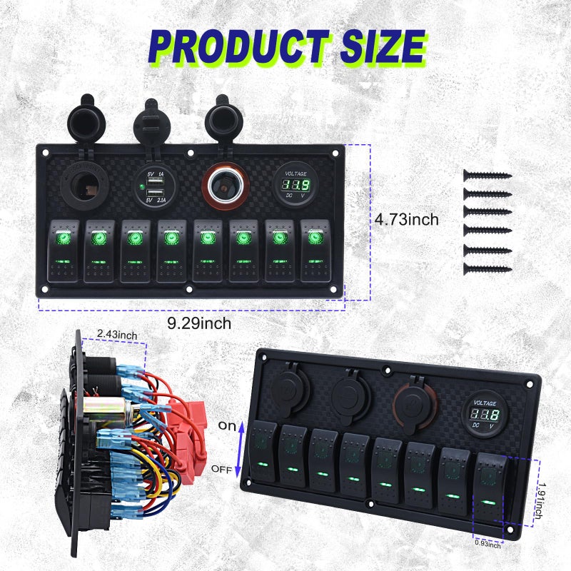 Geloo 8 Gang Marine Rocker Switch Panel, Boat Switch Panel Waterproof, 12V Switch Panel Toggle Switches Panel with LED Circuit Breaker 3.1A USB Charger Voltmeter ON/Off for Car Rvs Vehicles (Green - Image 5